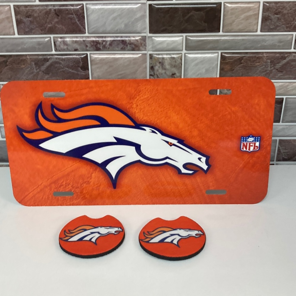 Denver Broncos License Plate And Cup Holder Inserts